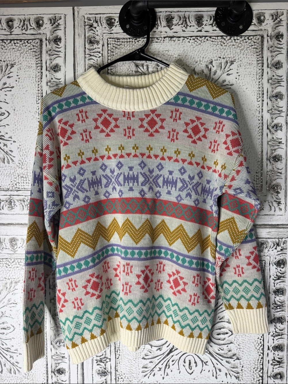 Cream Fair Isle Crewneck Sweater with Multicolor Pattern